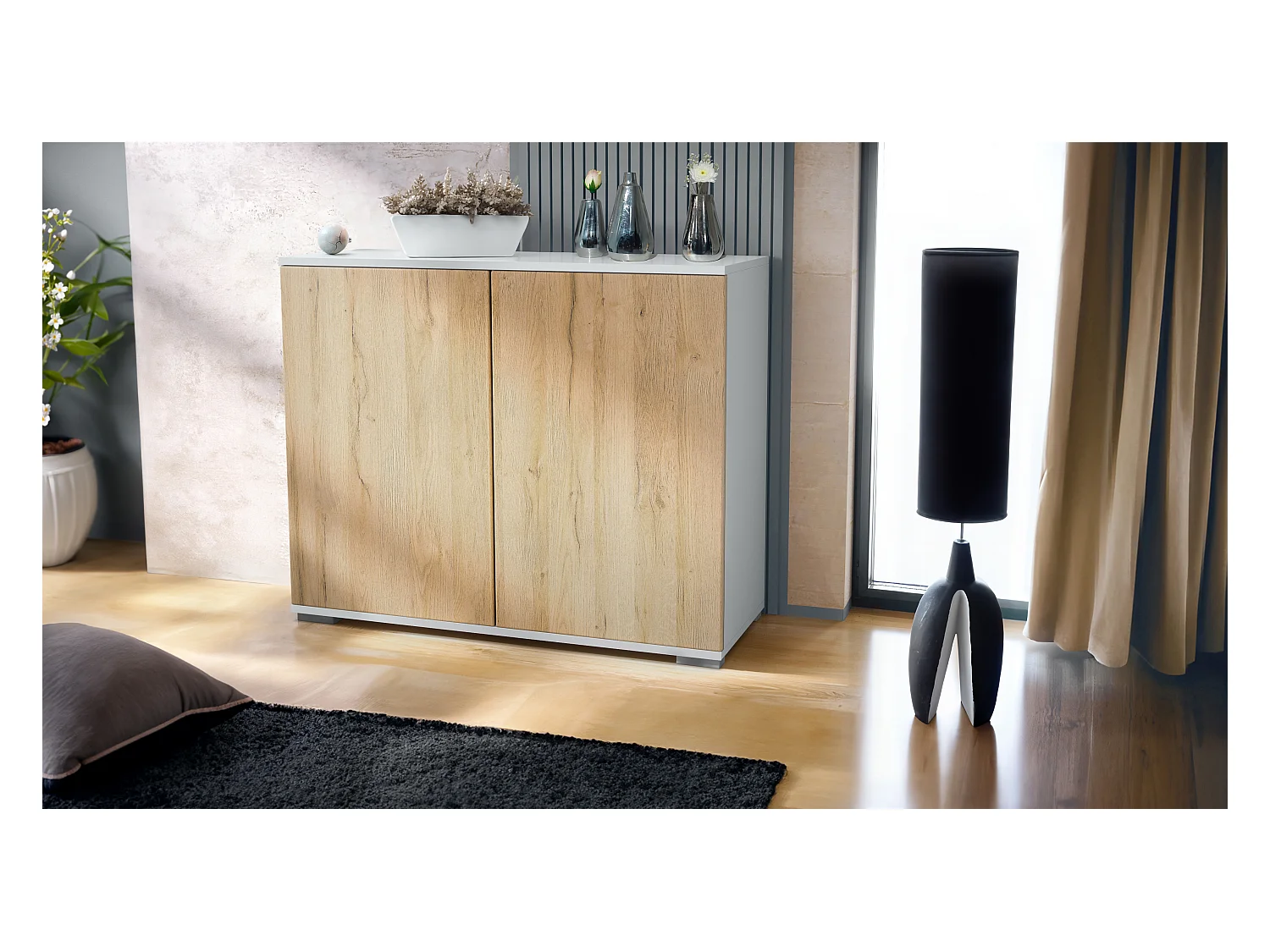 Aparador Skadu V3, Armario de Cocina Moderno con 2 Puertas Grandes blanco mate / roble natural (92,5 x 75.5 x 35)