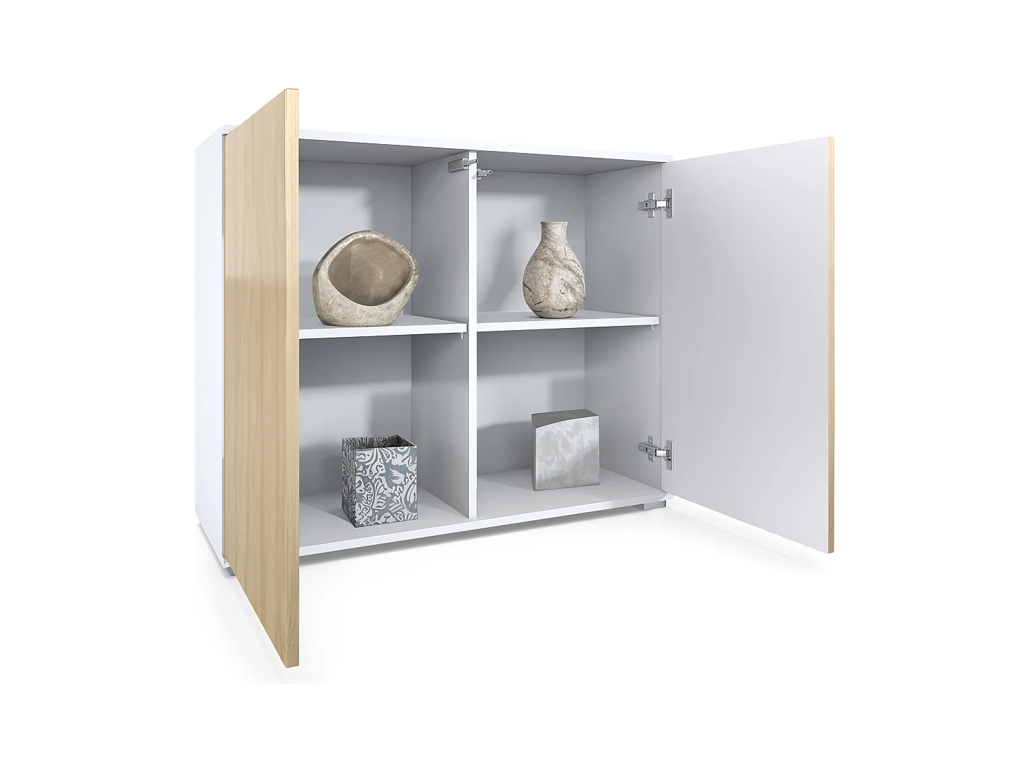 Aparador Skadu V3, Armario de Cocina Moderno con 2 Puertas Grandes blanco mate / roble natural (92,5 x 75.5 x 35)