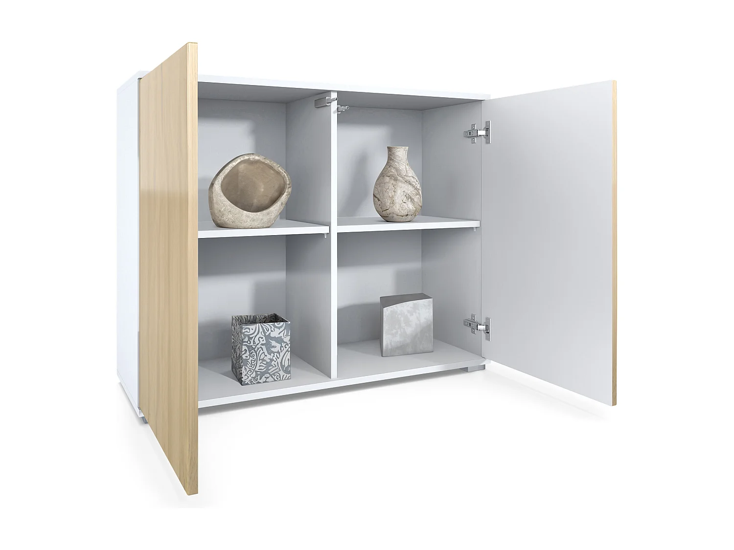 Commode Skadu V3, Buffet de Cuisine Moderne avec 2 Grandes Portes blanc mat / chêne nature (92,5 x 75.5 x 35)