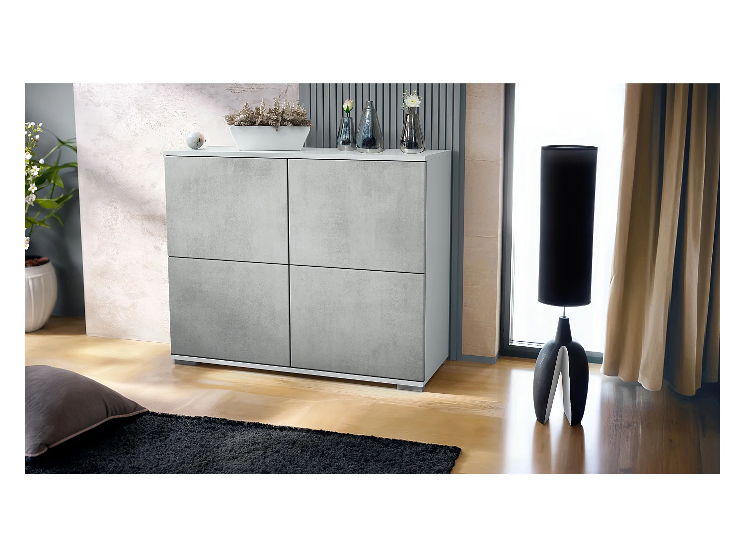 Buffet Rova V3 – Meuble de cuisine moderne avec 4 portes Push-to-Open blanc mat / aspect béton oxyde (92,5 x 75.5 x 35)