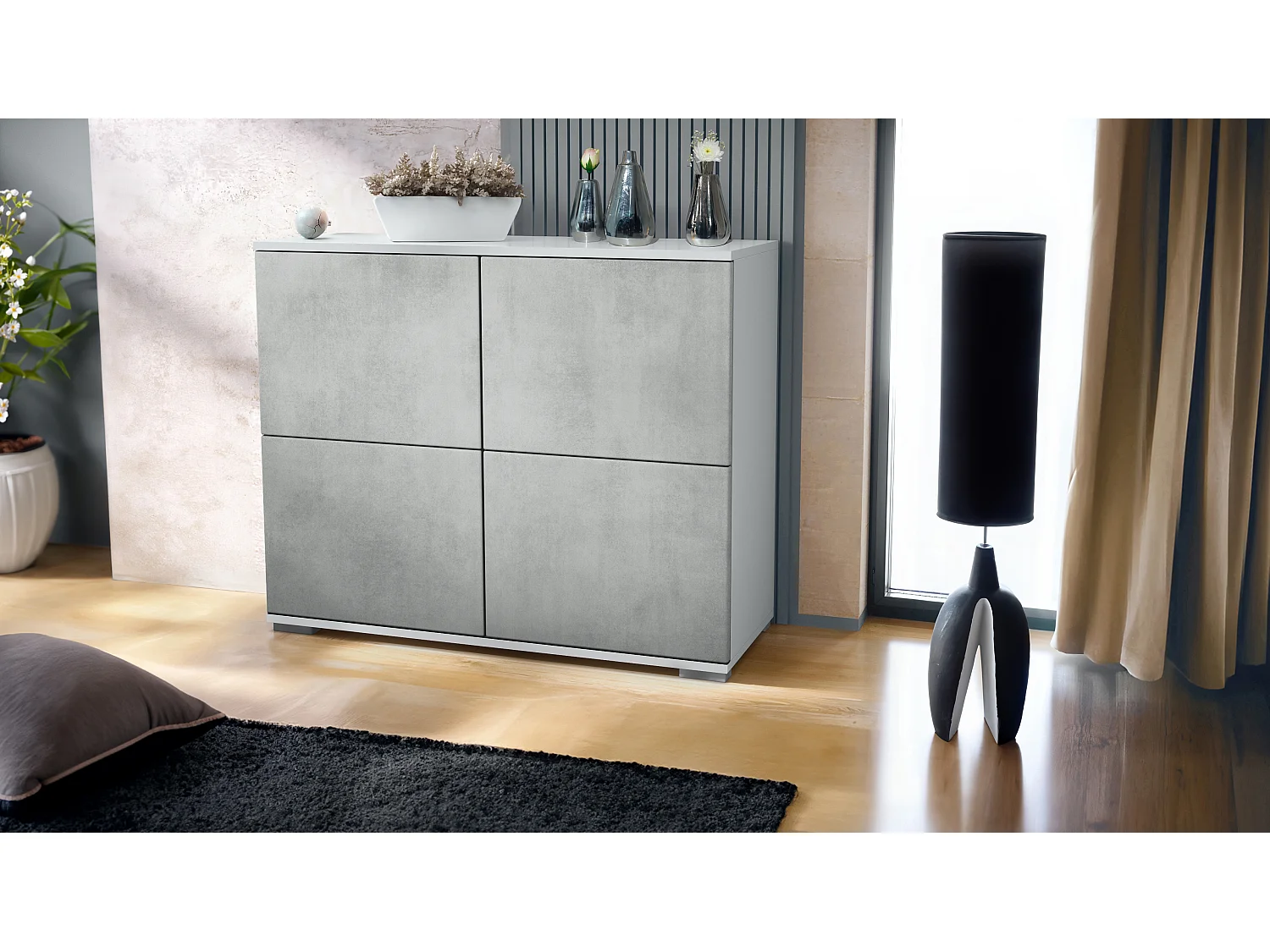 Credenza Rova V3 – Mobile da cucina moderno con 4 ante Push-to-Open bianco opaco / ottica cermento ossido (92,5 x 75.5 x 35)