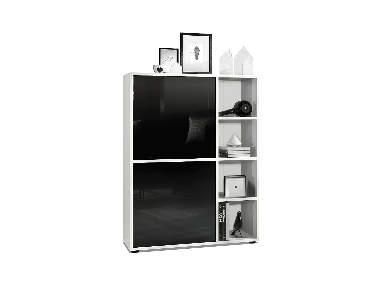 Buffet haut Cuba avec 8 compartiments, caisson en blanc mat / Façades en Noir laqué haute brillance