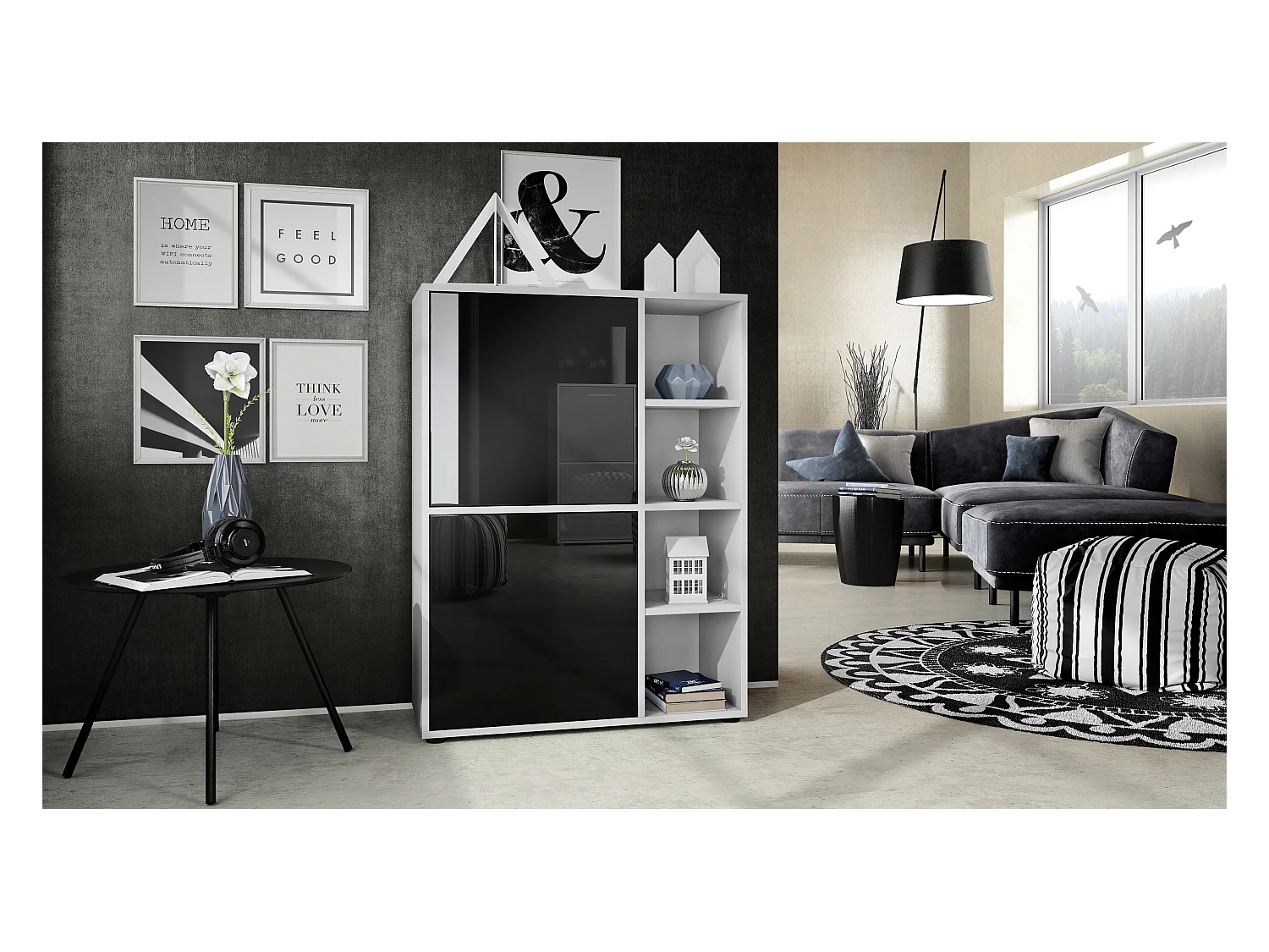 Buffet haut Cuba avec 8 compartiments, caisson en blanc mat / Façades en Noir laqué haute brillance