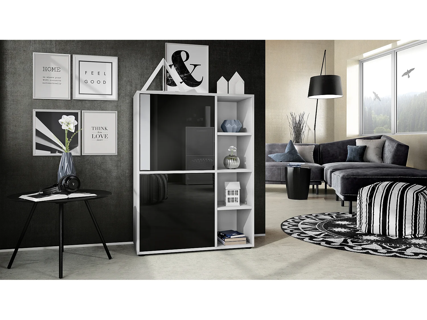 Credenza  Cuba 79 x 105,5 x 35,5 cm Credenza con 8 ripiani, struttura in bianco opaco / ante in nero lucido