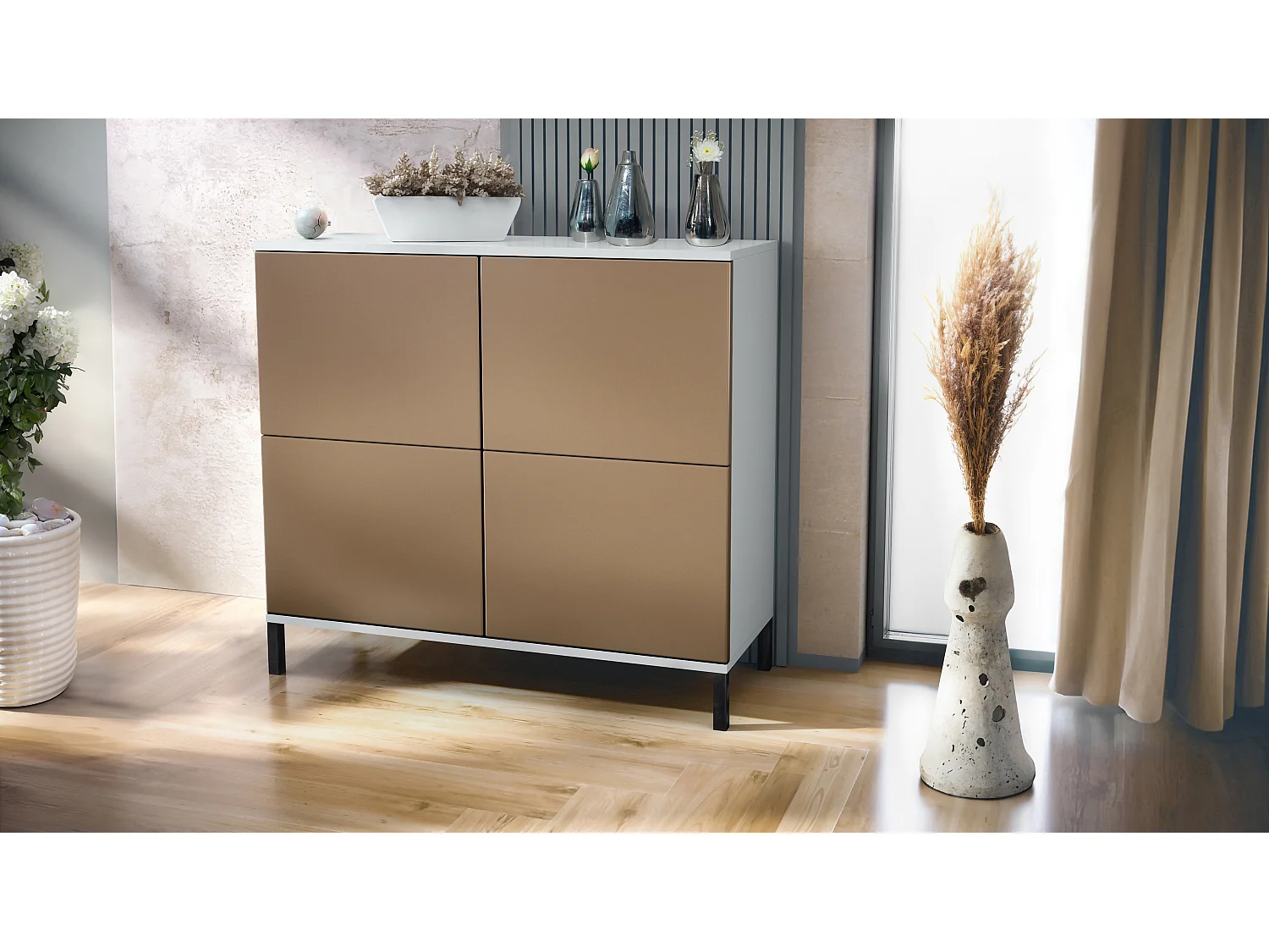 Credenza Rova V3 – Mobile da cucina moderno con 4 ante Push-to-Open bianco opaco / ottica bronzo (92,5 x 83.5 x 35)