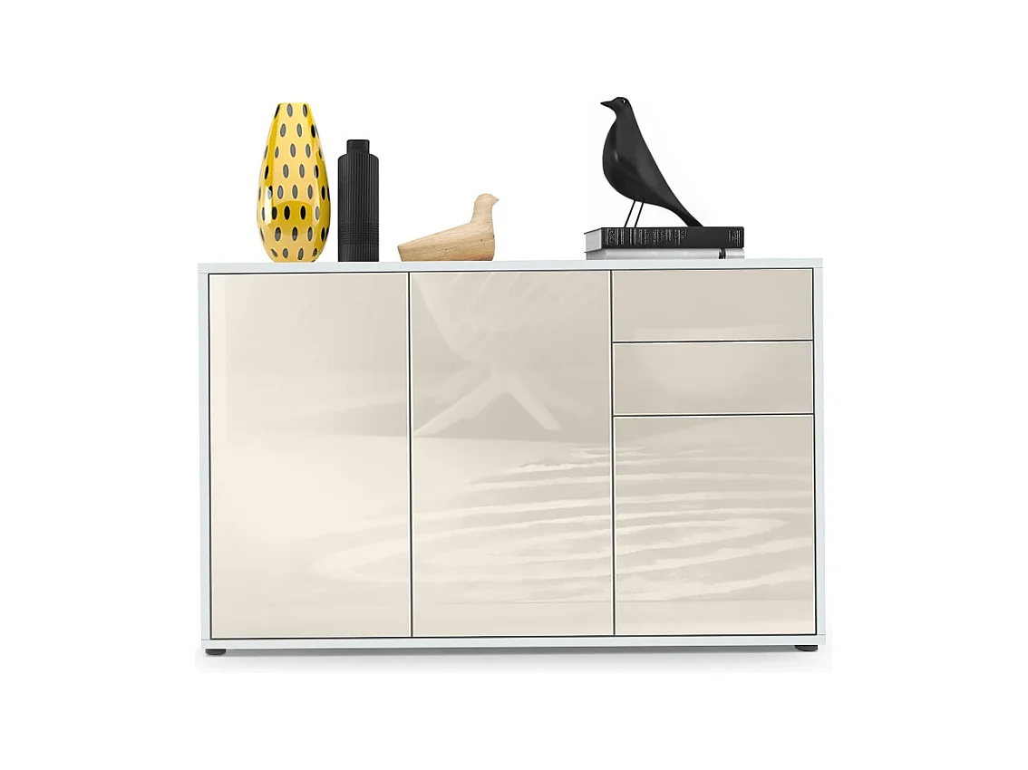 Buffet Ben V3, Commode avec 3 portes et 2 tiroirs, Blanc mat/Crème haute brillance (117 x 74 x 36 cm)