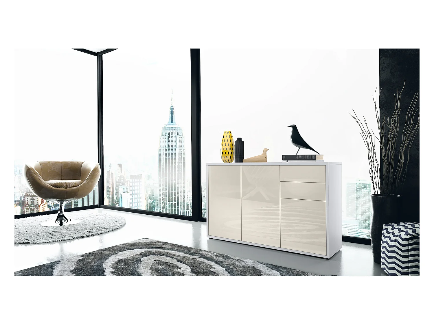 Buffet Ben V3, Commode avec 3 portes et 2 tiroirs, Blanc mat/Crème haute brillance (117 x 74 x 36 cm)