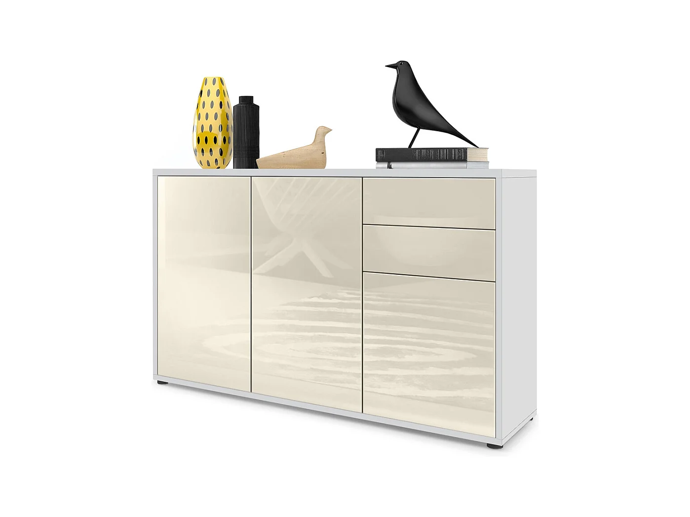 Buffet Ben V3, Commode avec 3 portes et 2 tiroirs, Blanc mat/Crème haute brillance (117 x 74 x 36 cm)