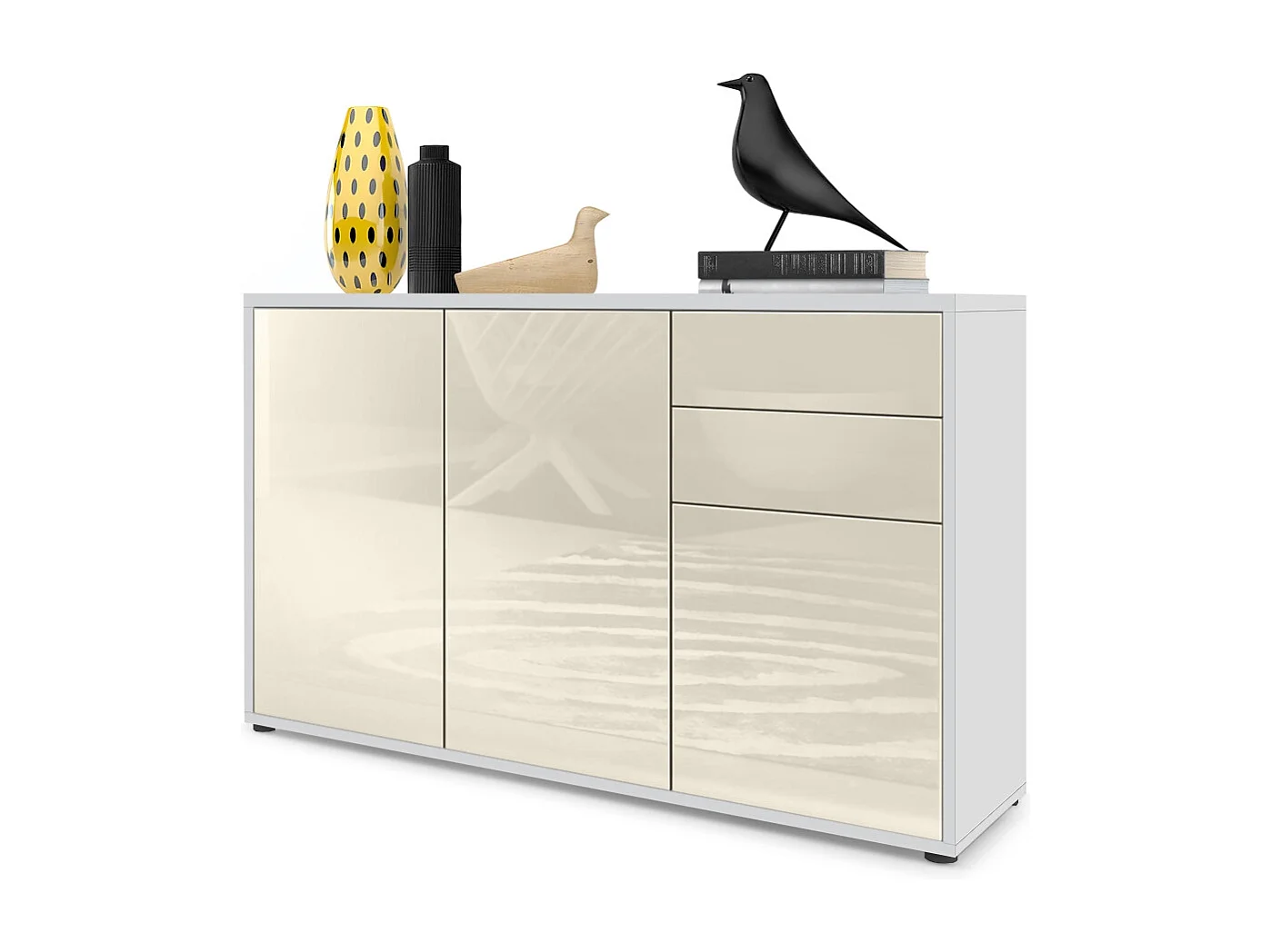 Buffet Ben V3, Commode avec 3 portes et 2 tiroirs, Blanc mat/Crème haute brillance (117 x 74 x 36 cm)