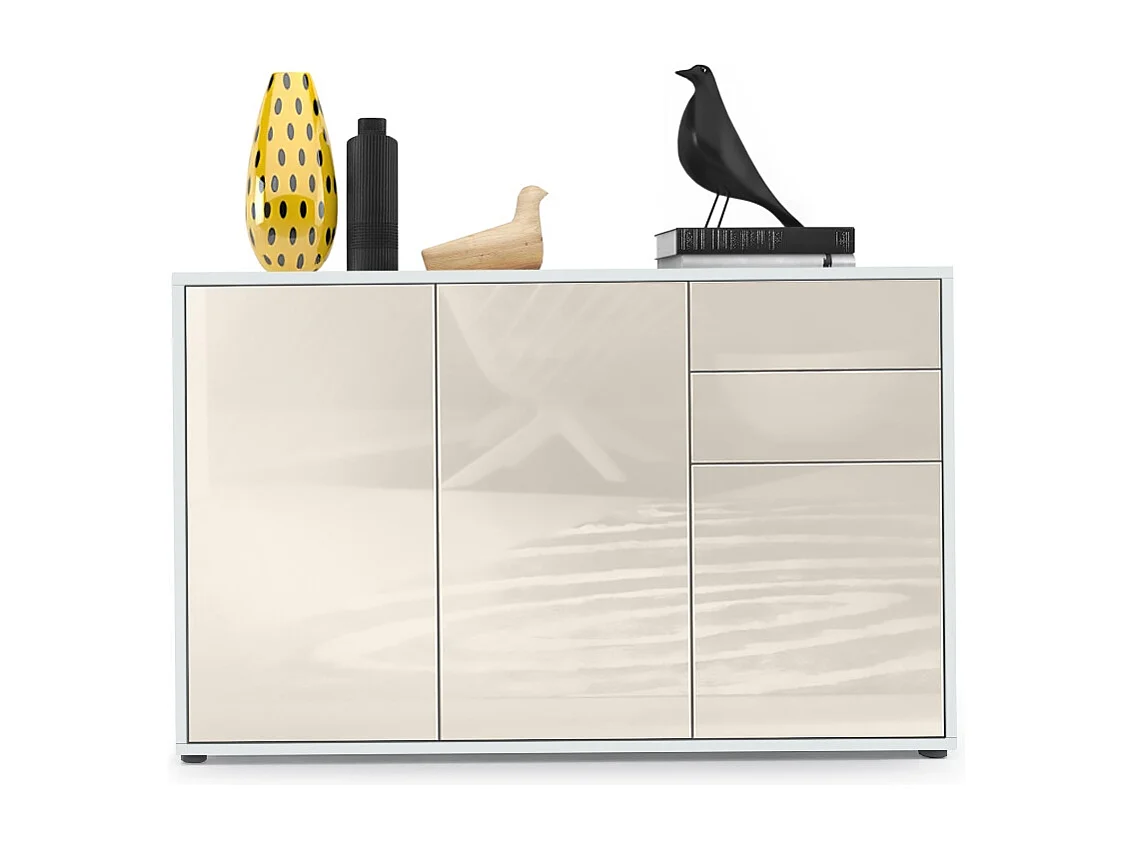 Buffet Ben V3, Commode avec 3 portes et 2 tiroirs, Blanc mat/Crème haute brillance (117 x 74 x 36 cm)