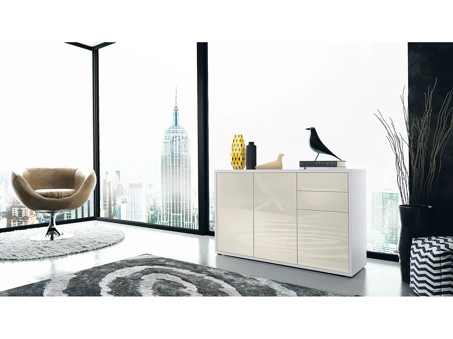 Buffet Ben V3, Commode avec 3 portes et 2 tiroirs, Blanc mat/Crème haute brillance (117 x 74 x 36 cm)