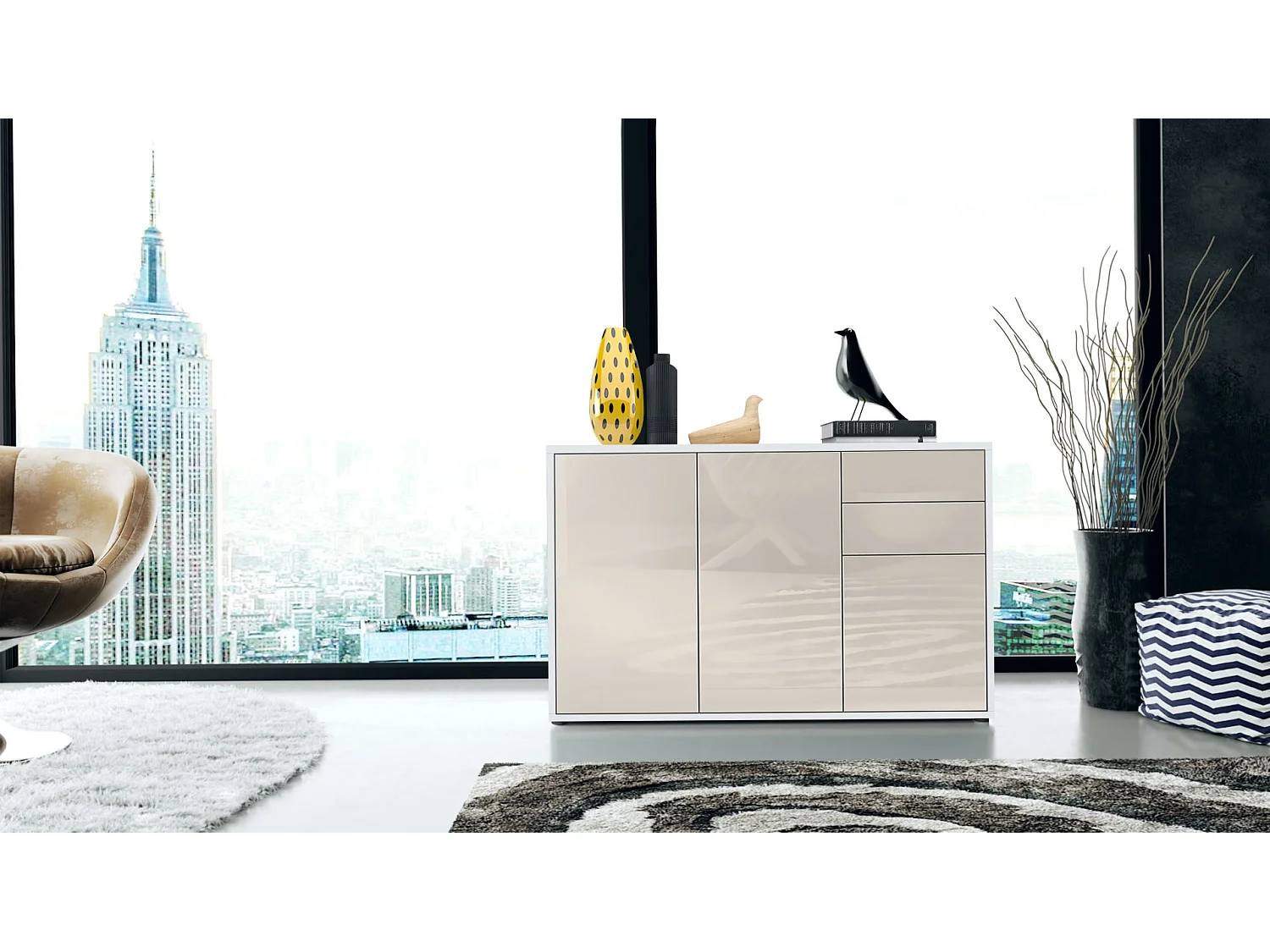 Buffet Ben V3, Commode avec 3 portes et 2 tiroirs, Blanc mat/Crème haute brillance (117 x 74 x 36 cm)