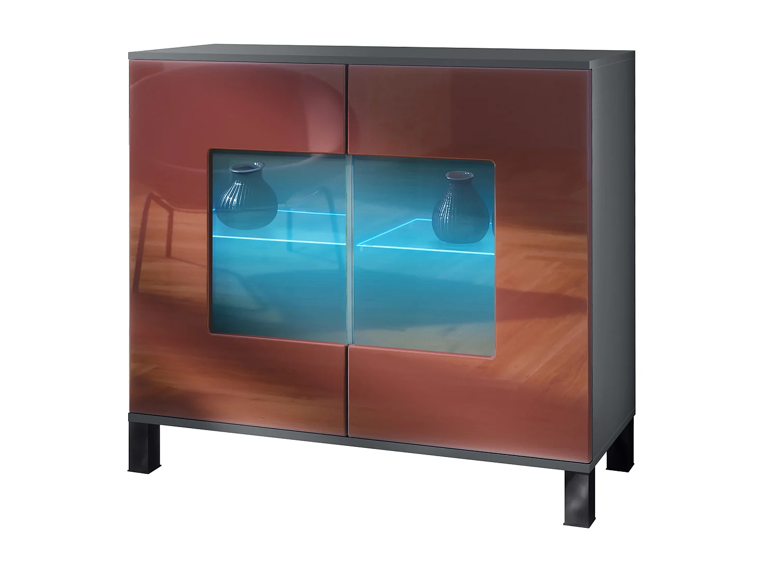 Commode Grömitz V3, Armoire de cuisine moderne avec 2 grandes portes vitrées incl. éclairage RGB anthracite mat / bordeaux haute brillance (92,5 x 84.5 x 35)