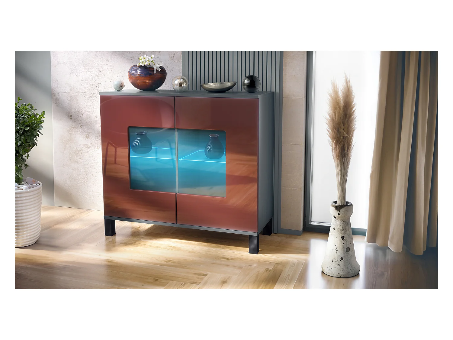 Commode Grömitz V3, Armoire de cuisine moderne avec 2 grandes portes vitrées incl. éclairage RGB anthracite mat / bordeaux haute brillance (92,5 x 84.5 x 35)