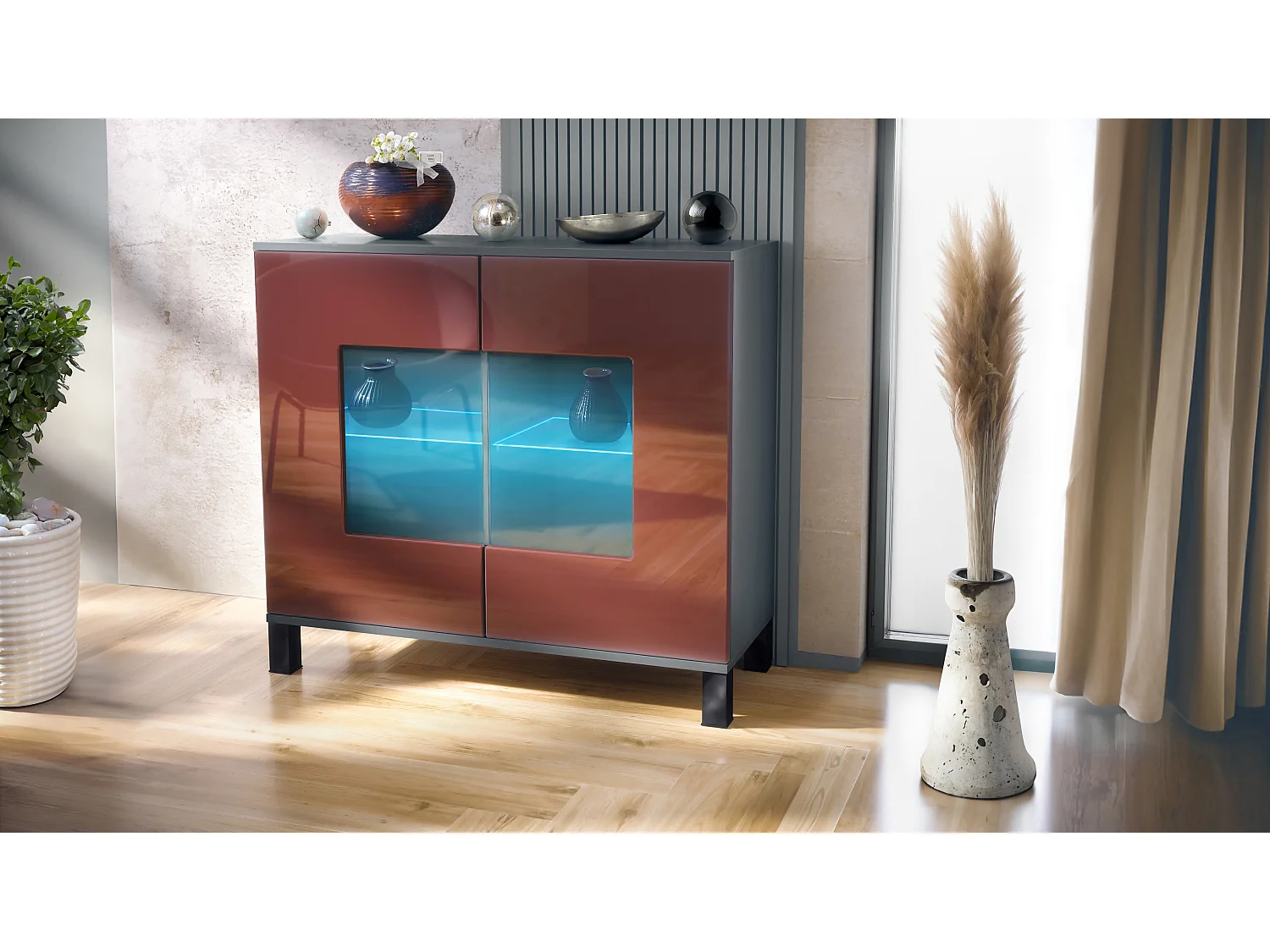 Commode Grömitz V3, Armoire de cuisine moderne avec 2 grandes portes vitrées incl. éclairage RGB anthracite mat / bordeaux haute brillance (92,5 x 84.5 x 35)