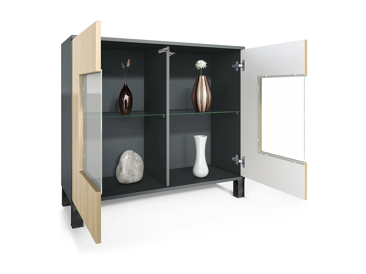 Commode Grömitz V3, Armoire de cuisine moderne avec 2 grandes portes vitrées incl. éclairage RGB anthracite mat / bordeaux haute brillance (92,5 x 84.5 x 35)