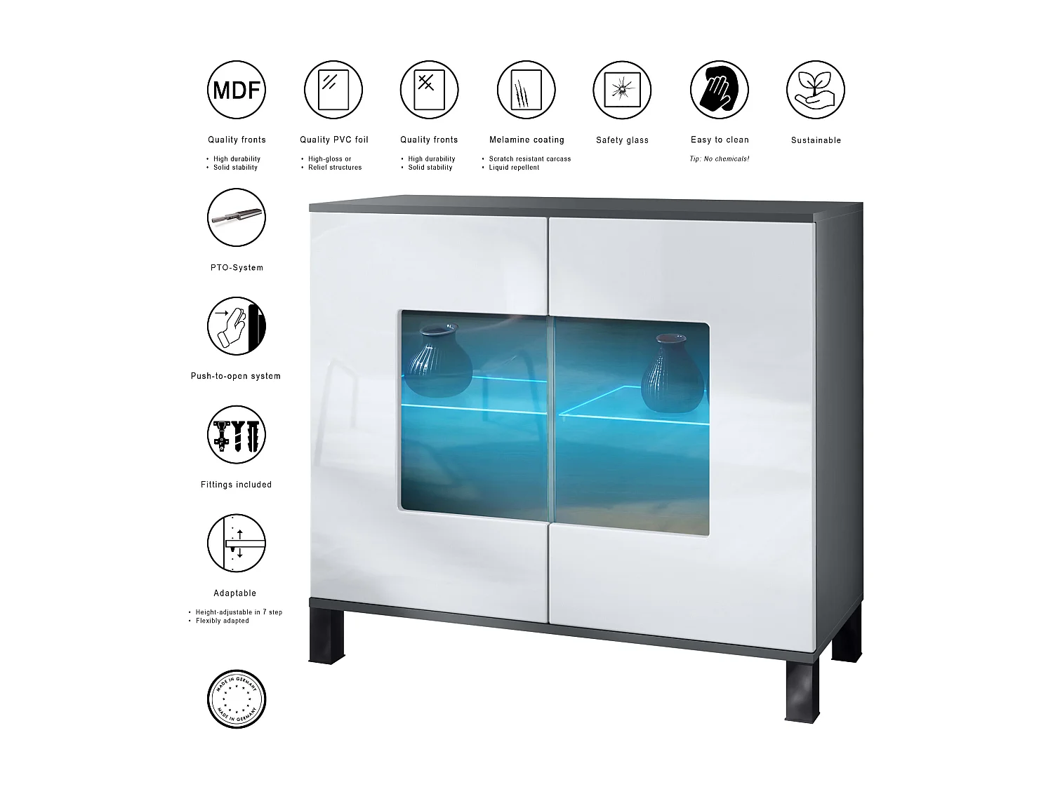 Commode Grömitz V3, Armoire de cuisine moderne avec 2 grandes portes vitrées incl. éclairage RGB anthracite mat / bordeaux haute brillance (92,5 x 84.5 x 35)