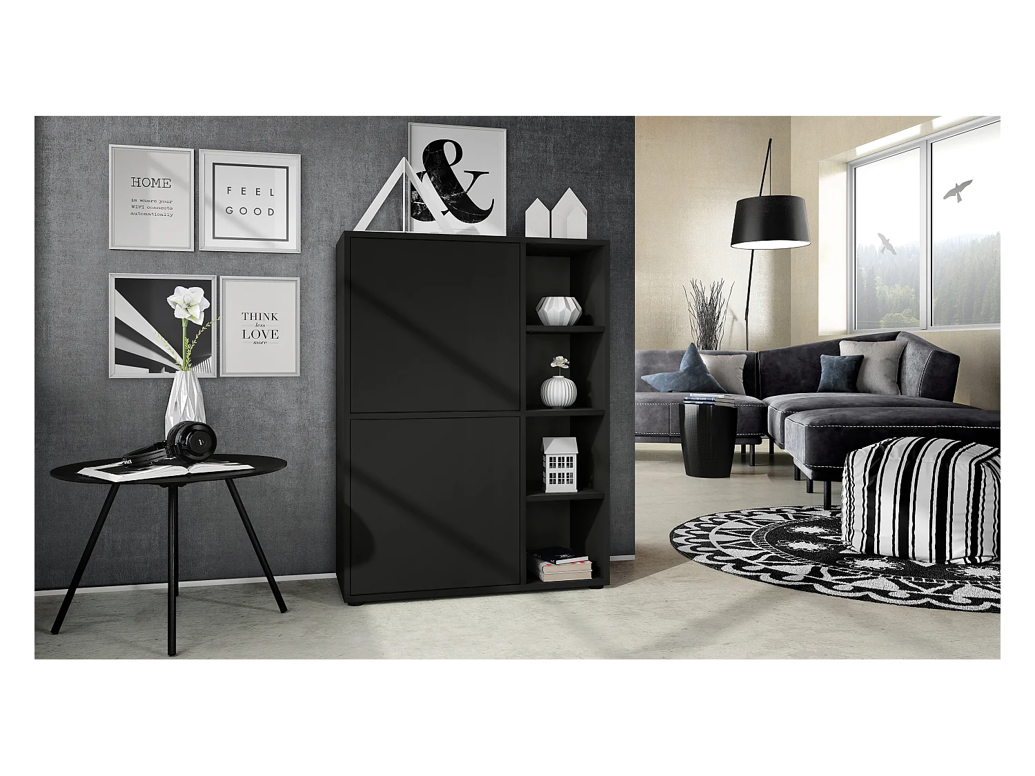 Buffet haut Cuba avec 8 compartiments, caisson en noir mat / Façades en Noir mat