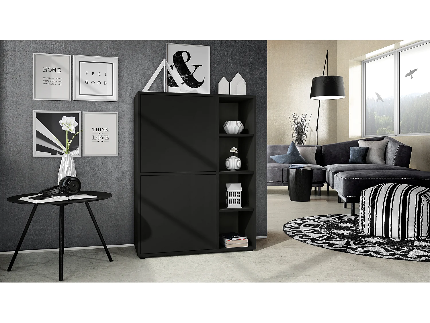 Credenza  Cuba 79 x 105,5 x 35,5 cm Credenza con 8 ripiani, Struttura in nero / Ante in nero opaco