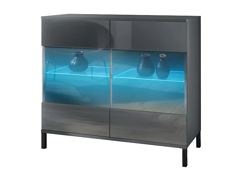 Commode Bari V3, Armoire de cuisine moderne avec 2 grandes portes vitrées incl. éclairage RGB anthracite mat / gris haute brillance (92,5 x 83.5 x 35)