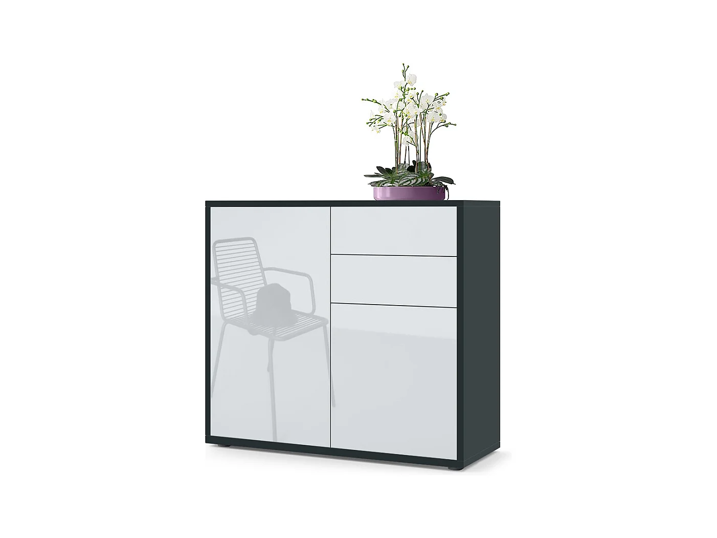 Buffet Ben, Commode avec 2 portes et 2 tiroirs, Noir mat/Blanc haute brillance (79 x 74 x 36 cm)