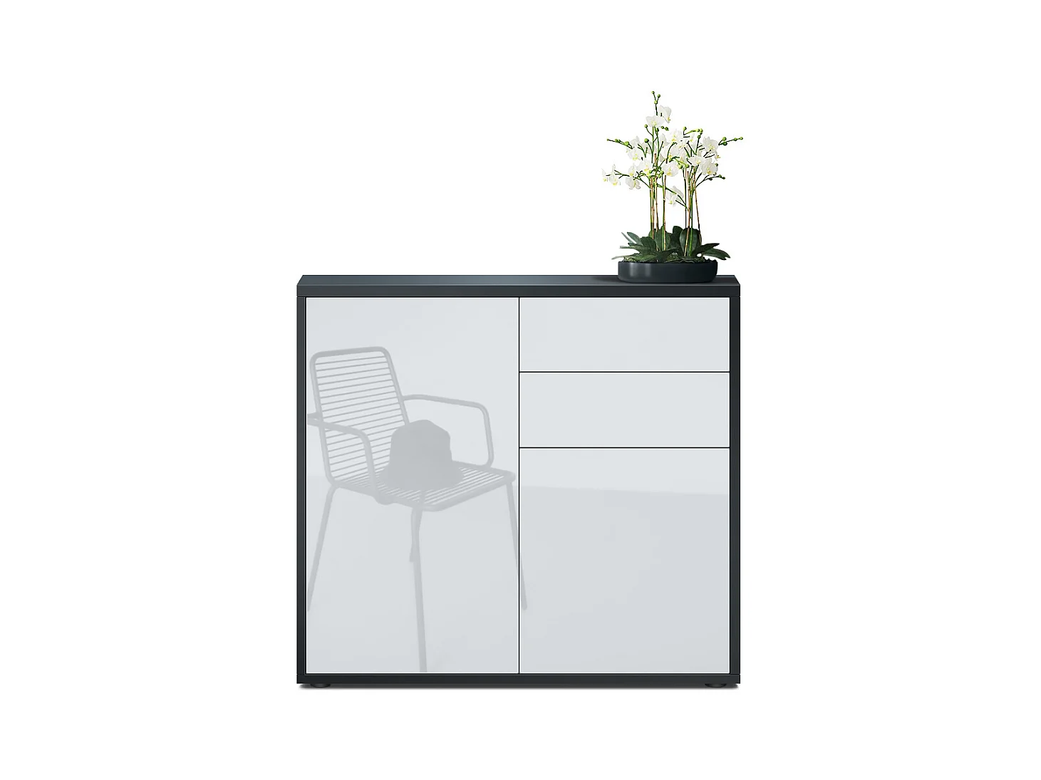 Buffet Ben, Commode avec 2 portes et 2 tiroirs, Noir mat/Blanc haute brillance (79 x 74 x 36 cm)