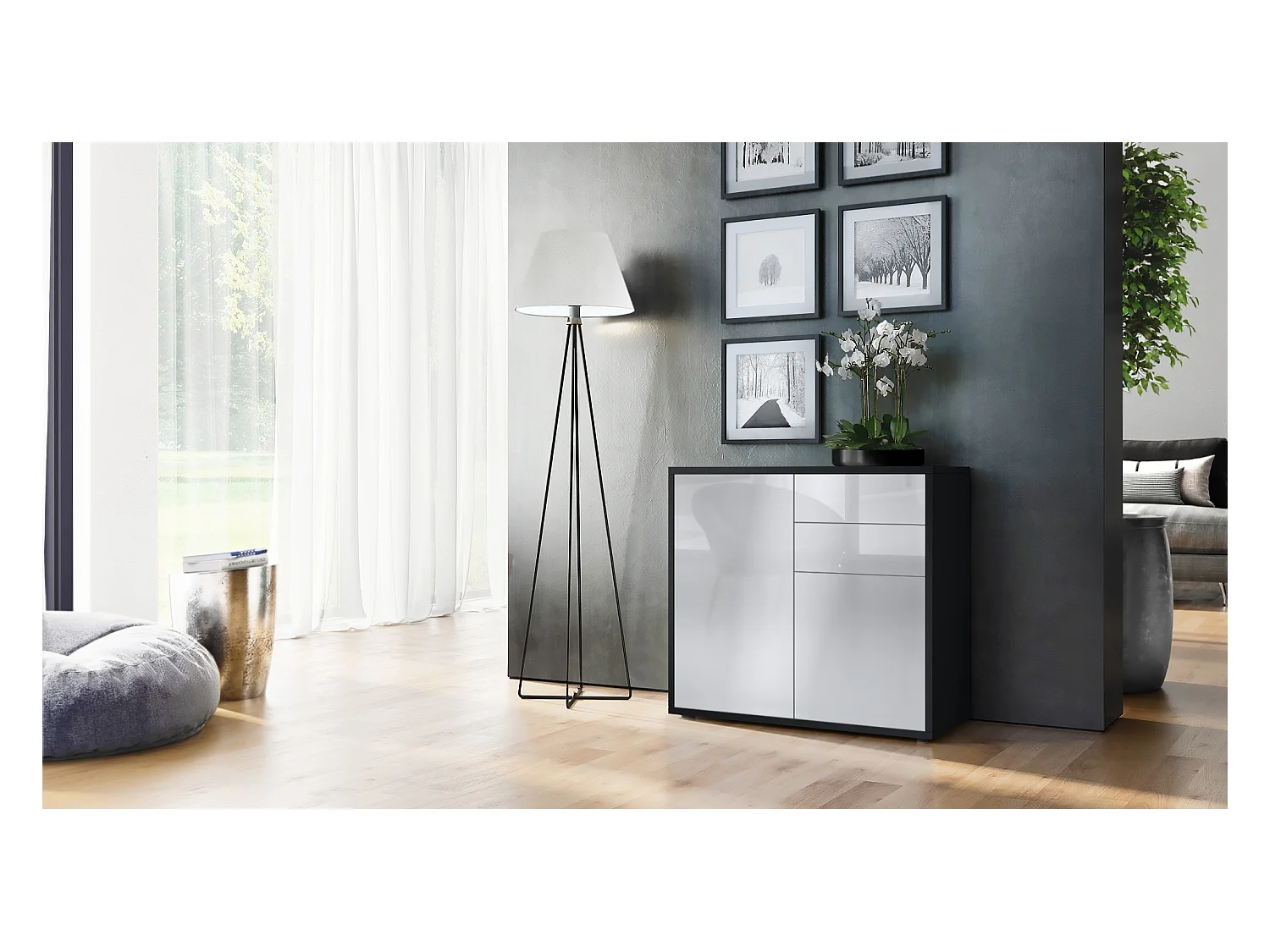 Buffet Ben, Commode avec 2 portes et 2 tiroirs, Noir mat/Blanc haute brillance (79 x 74 x 36 cm)