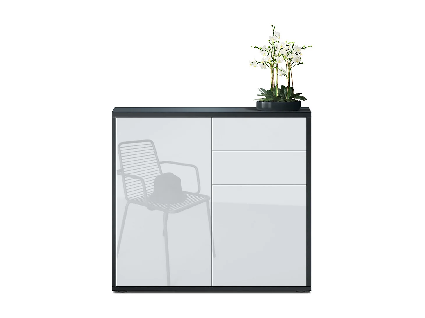 Buffet Ben, Commode avec 2 portes et 2 tiroirs, Noir mat/Blanc haute brillance (79 x 74 x 36 cm)