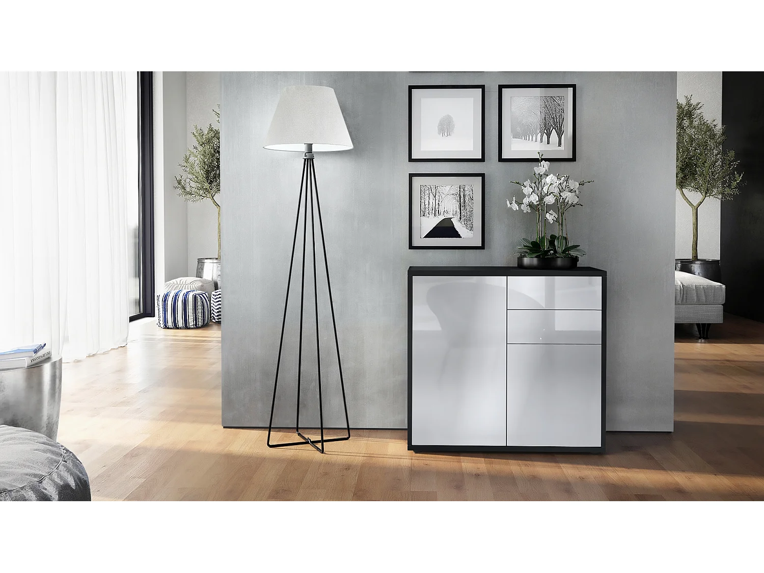 Buffet Ben, Commode avec 2 portes et 2 tiroirs, Noir mat/Blanc haute brillance (79 x 74 x 36 cm)