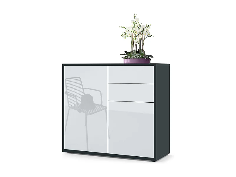 Buffet Ben, Commode avec 2 portes et 2 tiroirs, Noir mat/Blanc haute brillance (79 x 74 x 36 cm)