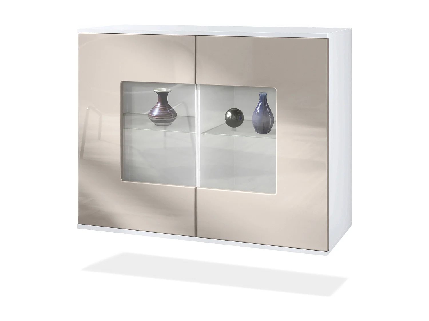 Commode Grömitz V3, Armoire de cuisine moderne avec 2 grandes portes vitrées blanc mat / gris sable haute brillance (92,5 x 73.5 x 35)