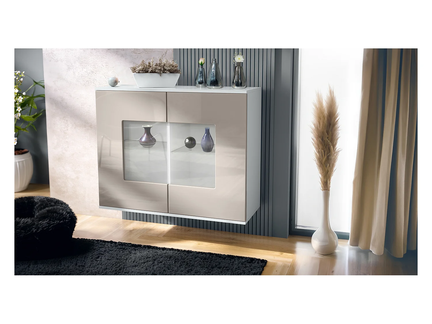 Commode Grömitz V3, Armoire de cuisine moderne avec 2 grandes portes vitrées blanc mat / gris sable haute brillance (92,5 x 73.5 x 35)