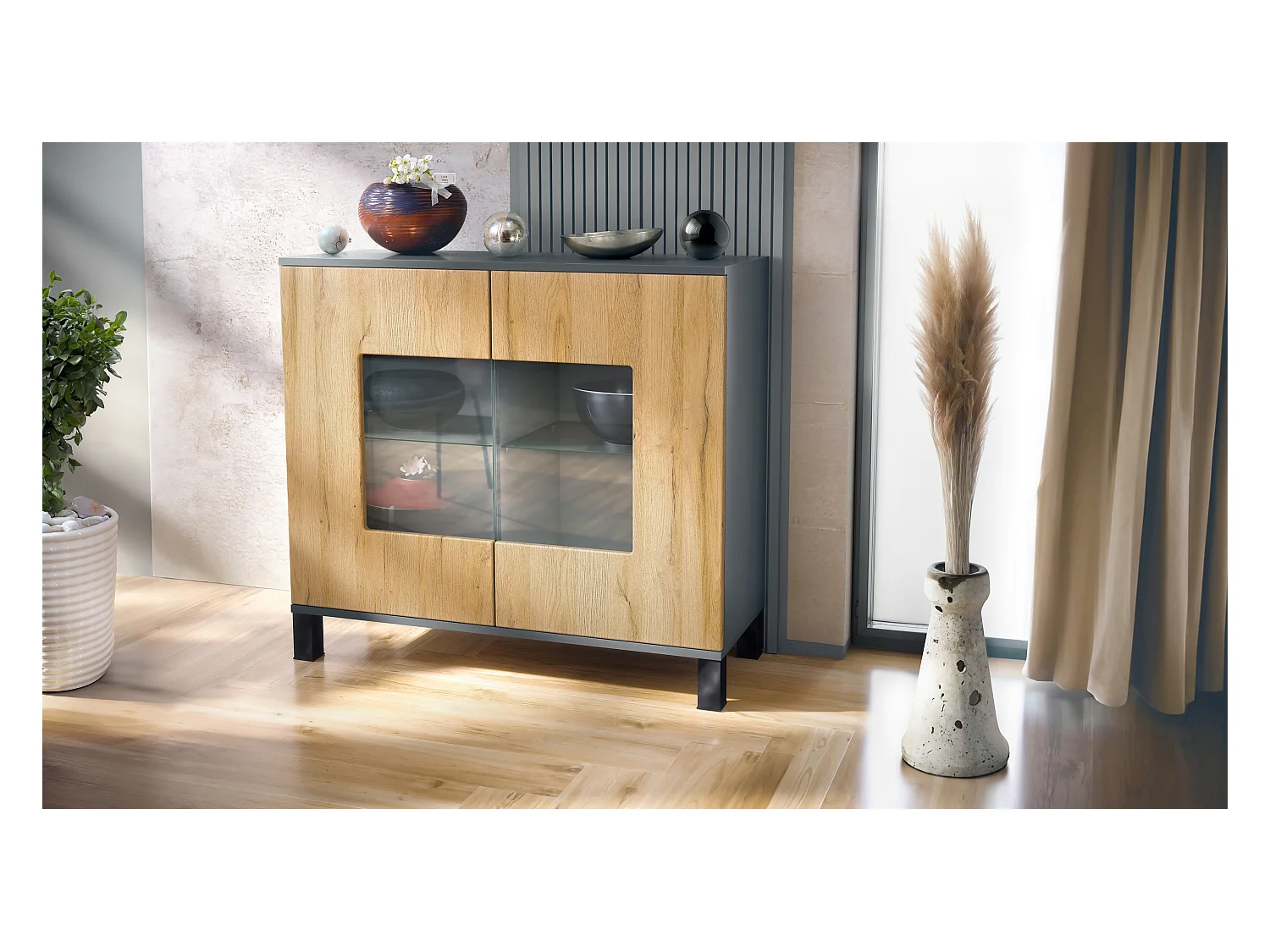 Commode Grömitz V3, Armoire de cuisine moderne avec 2 grandes portes vitrées anthracite mat / chêne nature (92,5 x 84.5 x 35)