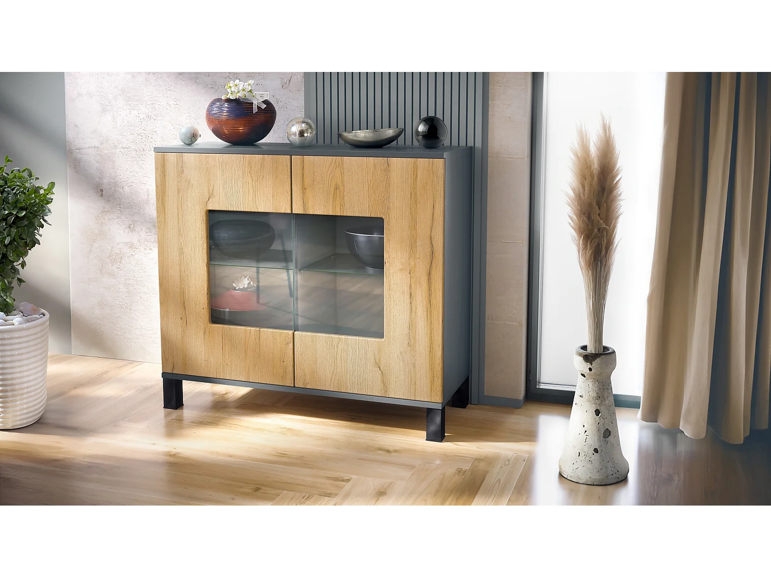 Commode Grömitz V3, Armoire de cuisine moderne avec 2 grandes portes vitrées anthracite mat / chêne nature (92,5 x 84.5 x 35)