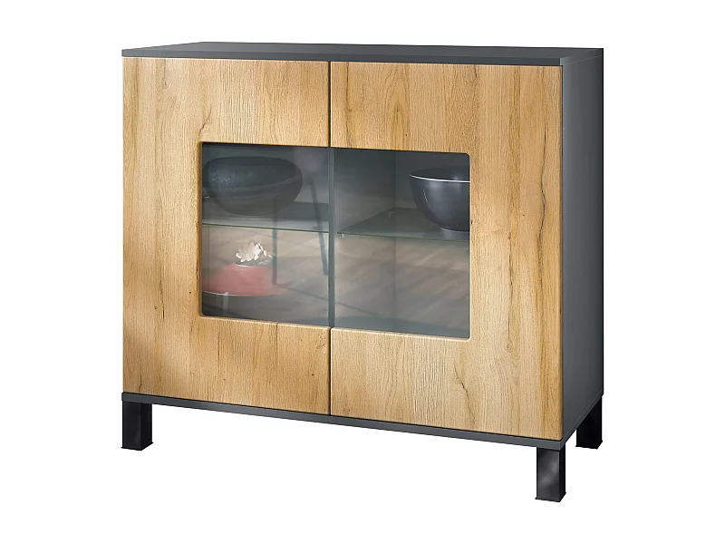 Commode Grömitz V3, Armoire de cuisine moderne avec 2 grandes portes vitrées anthracite mat / chêne nature (92,5 x 84.5 x 35)