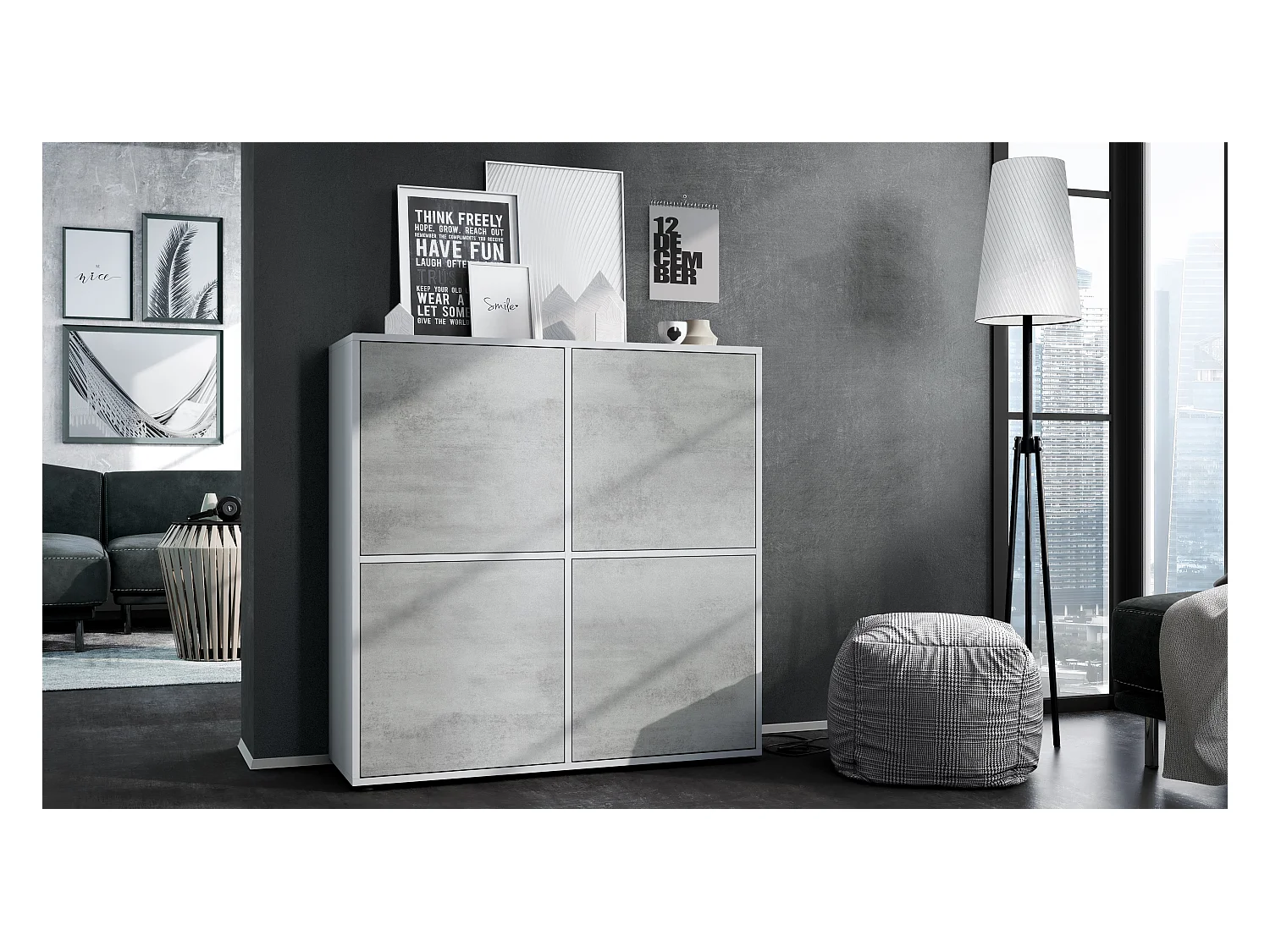 Highboard Cuba V2 Placard 104 x 105,5 x 35,5 cm Buffet à 8 compartiments, caisson en blanc mat / façades en Aspect Béton Oxyde