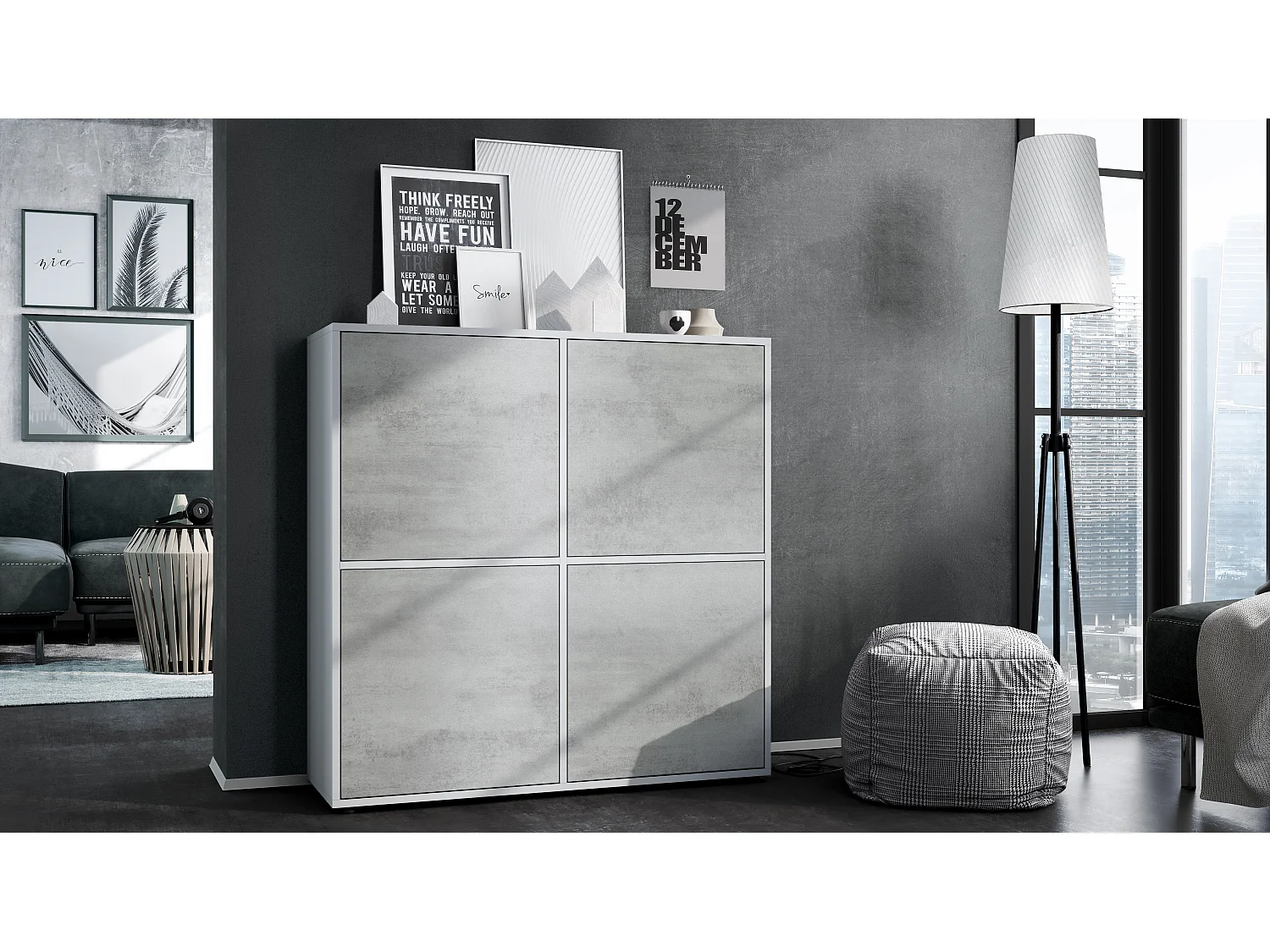 Credenza Cuba V2 Credenza 104 x 105,5 x 35,5 cm Credenza con 8 ripiani, Struttura in bianco opaco / Ante in grigio cemento ossido