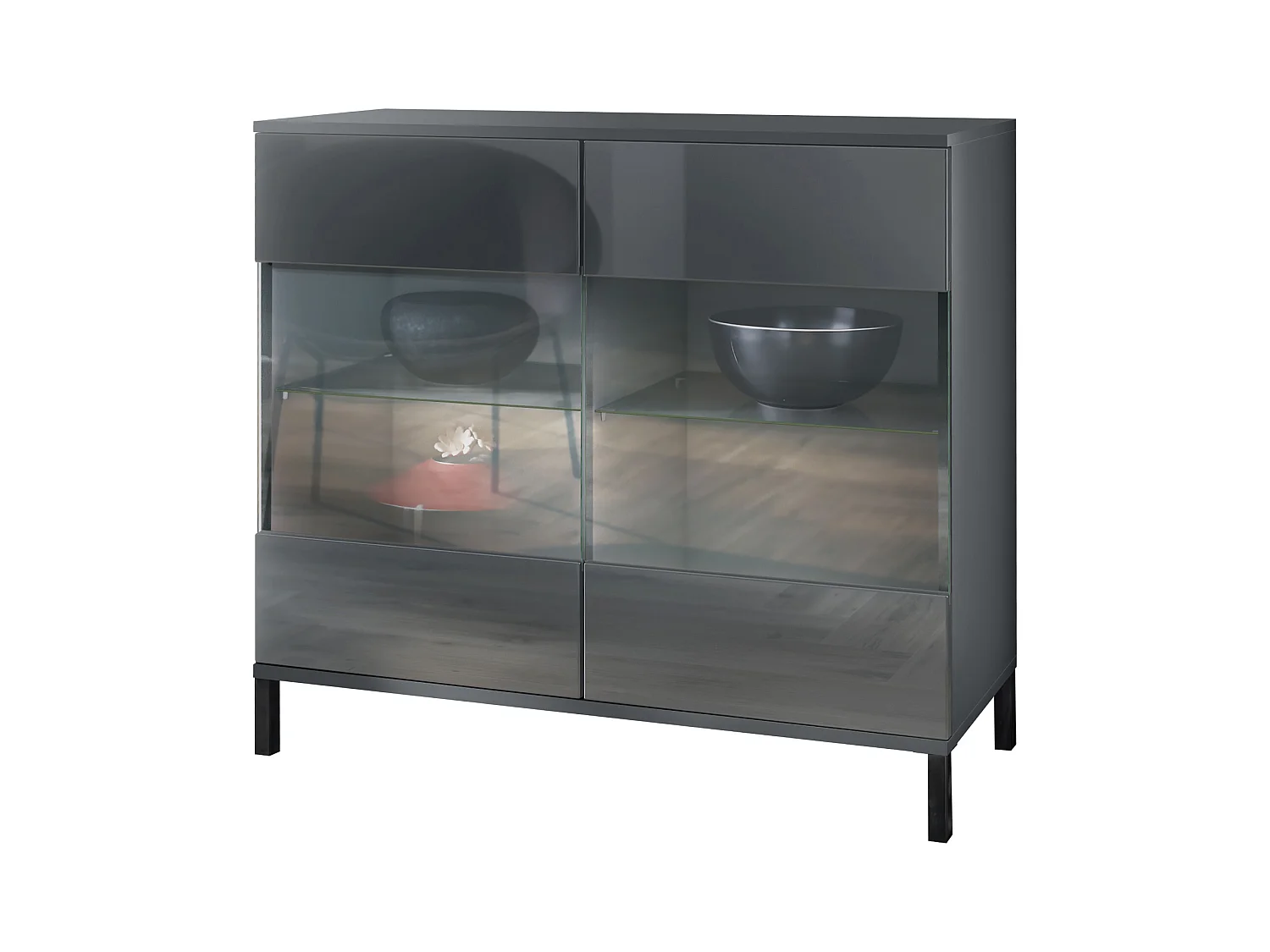 Commode Bari V3, Armoire de cuisine moderne avec 2 grandes portes vitrées anthracite mat / gris haute brillance (92,5 x 83.5 x 35)