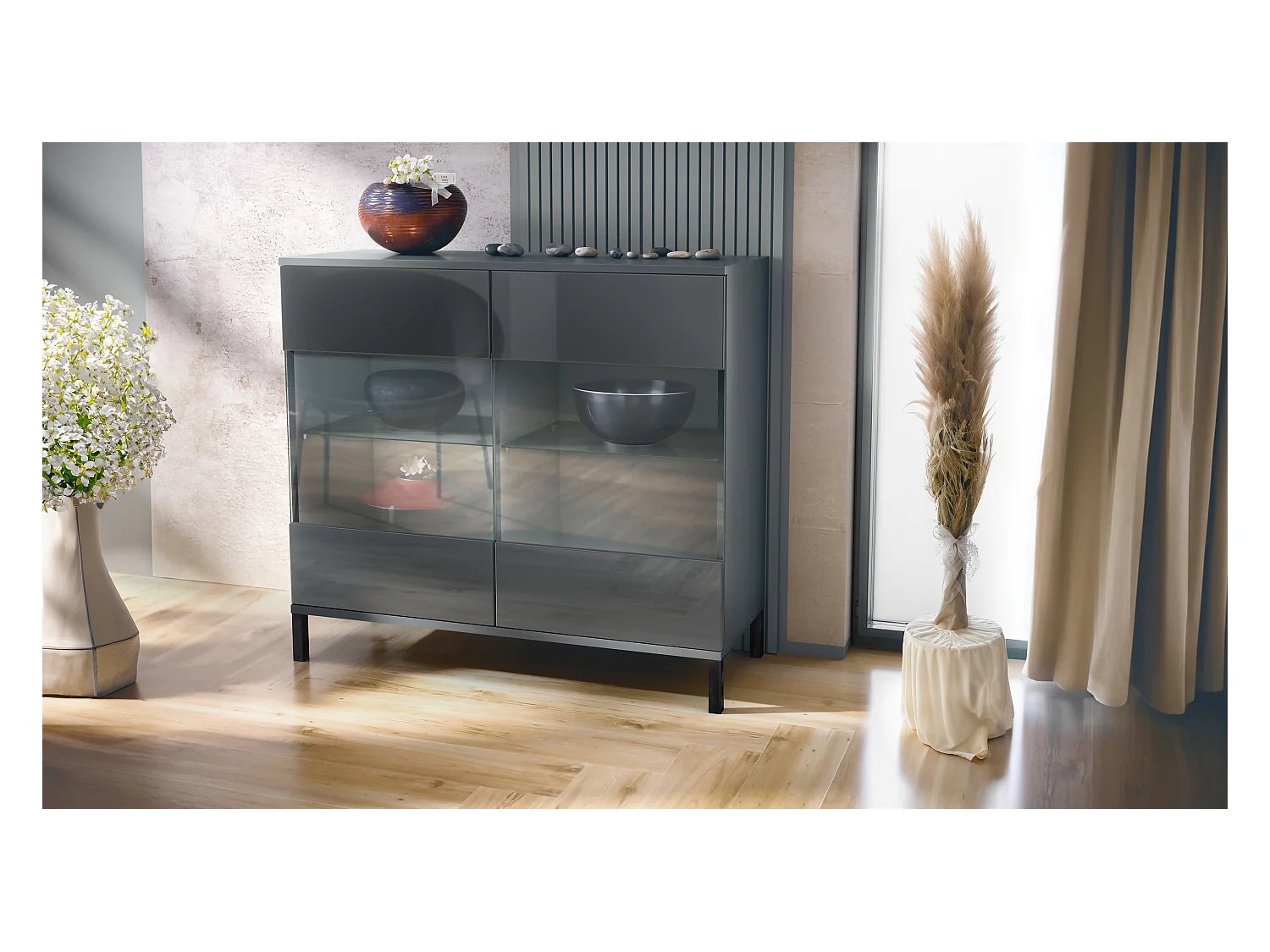 Commode Bari V3, Armoire de cuisine moderne avec 2 grandes portes vitrées anthracite mat / gris haute brillance (92,5 x 83.5 x 35)