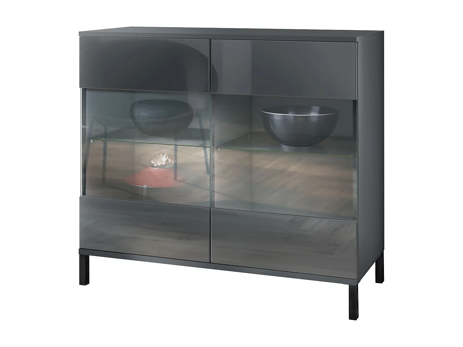 Commode Bari V3, Armoire de cuisine moderne avec 2 grandes portes vitrées anthracite mat / gris haute brillance (92,5 x 83.5 x 35)