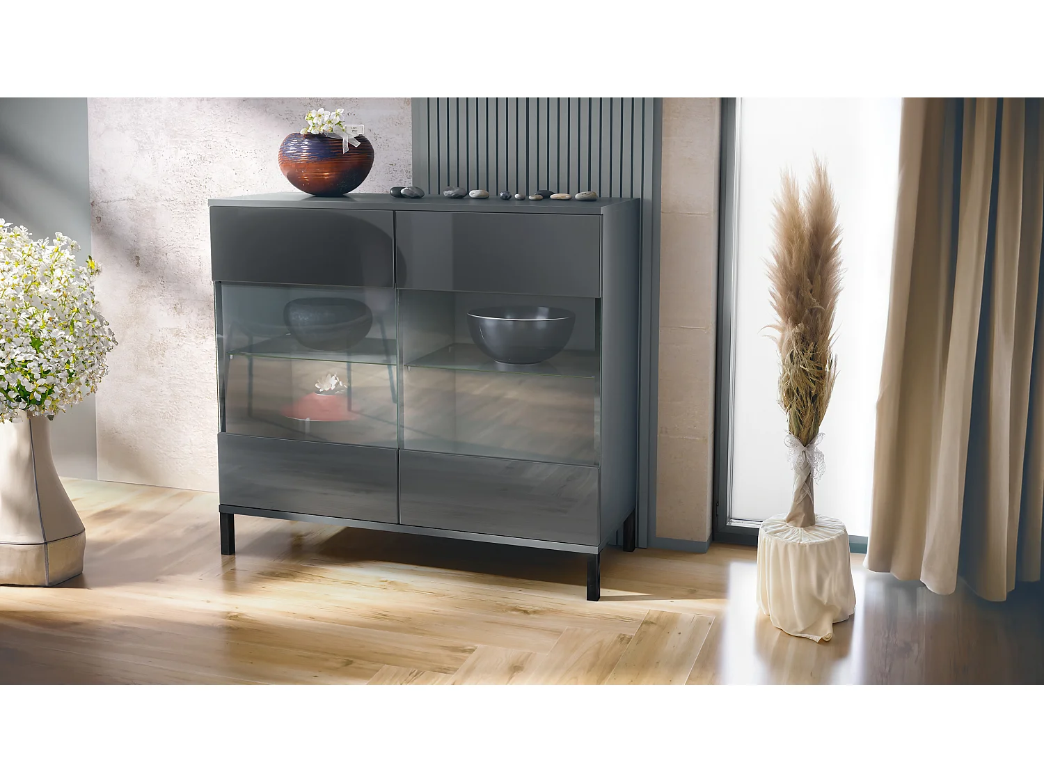 Commode Bari V3, Armoire de cuisine moderne avec 2 grandes portes vitrées anthracite mat / gris haute brillance (92,5 x 83.5 x 35)