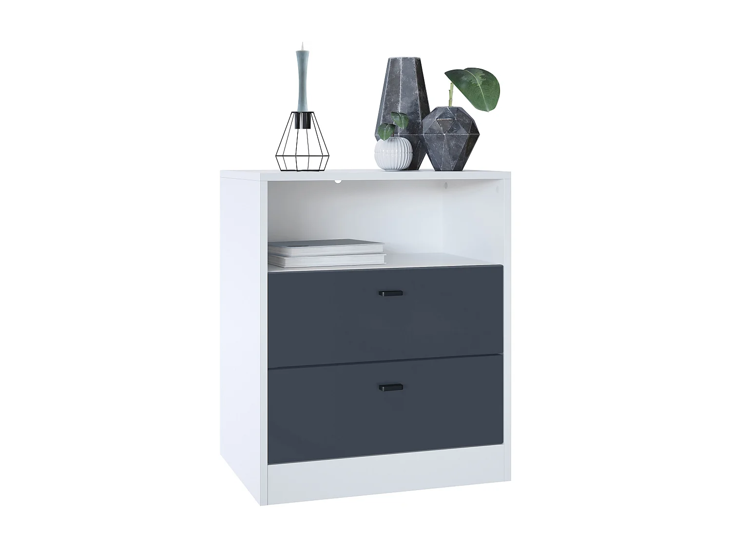 Buffet Pino V1, table de chevet avec 2 tiroirs & 1 compartiment ouvert,blanche mat/undefined sans LED (56 x 67,5 x 36 cm)