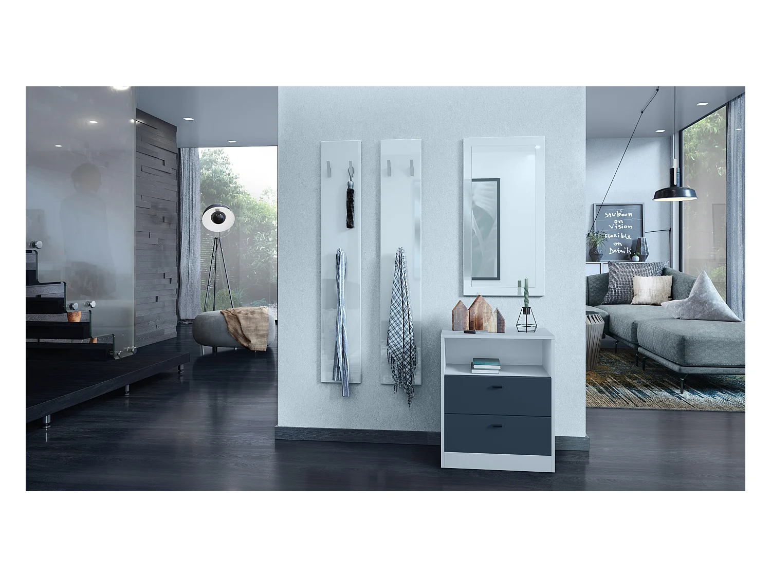 Buffet Pino V1, table de chevet avec 2 tiroirs & 1 compartiment ouvert,blanche mat/undefined sans LED (56 x 67,5 x 36 cm)