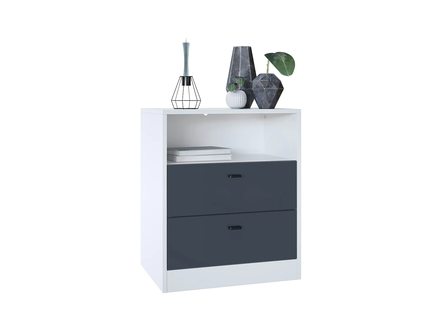 Buffet Pino V1, table de chevet avec 2 tiroirs & 1 compartiment ouvert,blanche mat/undefined sans LED (56 x 67,5 x 36 cm)