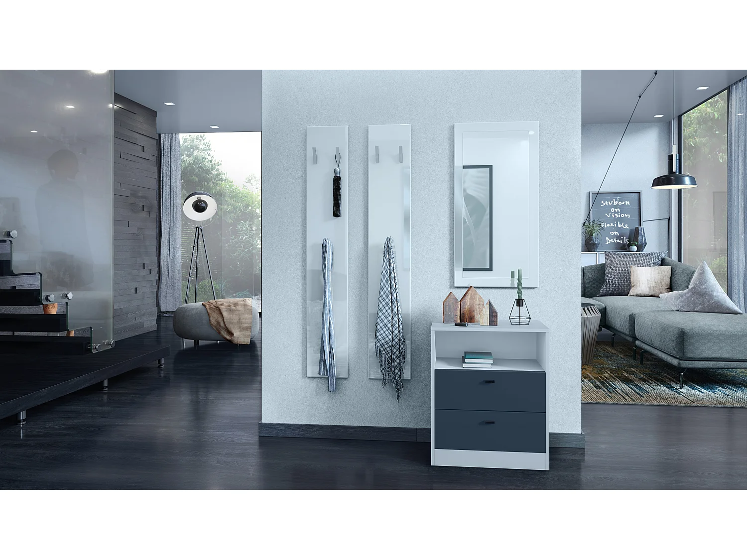 Cassettiera Pino V1, Comodino con 2 cassetti e 1 vano a giorno, Bianco opaco/non definito senza LED (56 x 67,5 x 36 cm)