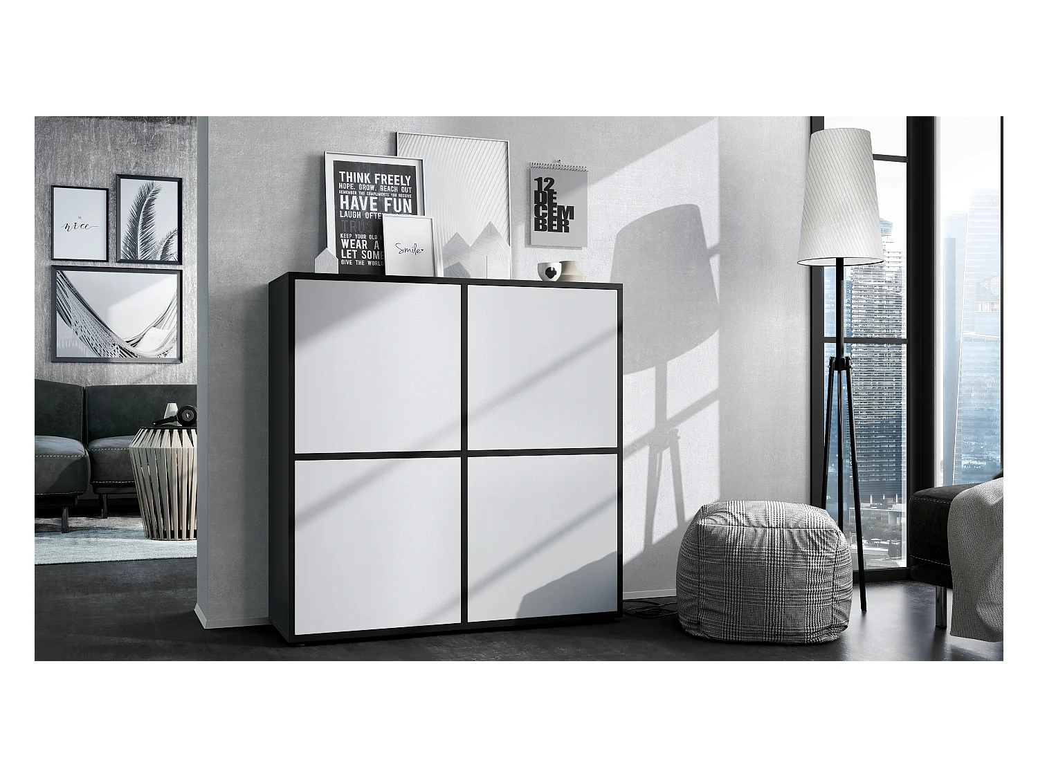 Highboard Cuba V2 Placard 104 x 105,5 x 35,5 cm Buffet à 8 compartiments, caisson en noir mat / façades en Blanc mat