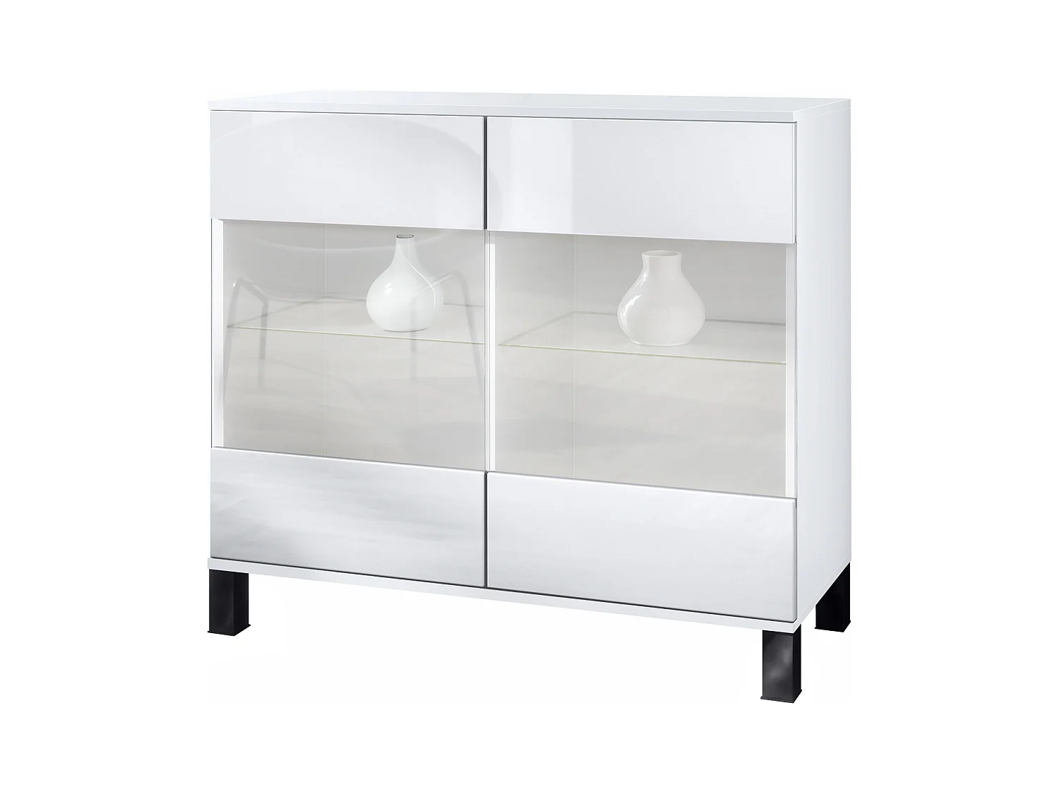 Cómoda Bari V3, Moderno armario de cocina con 2 grandes puertas de cristal blanco mate / blanco de alto brillo (92,5 x 84.5 x 35)
