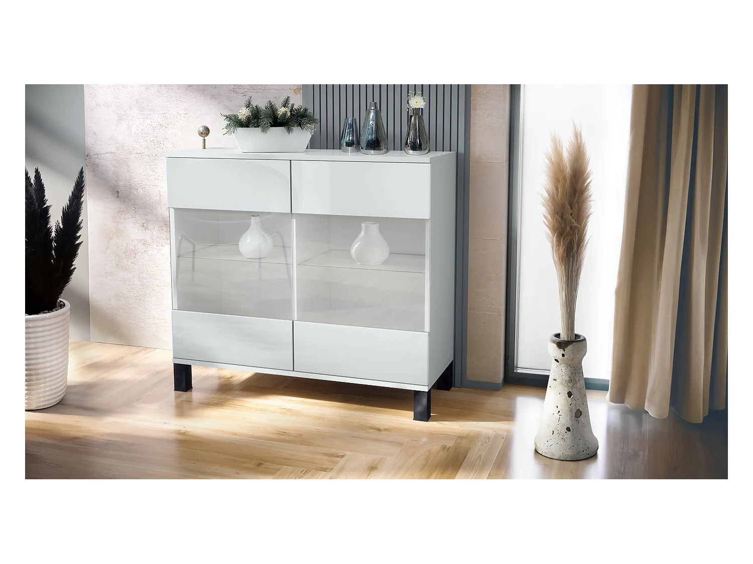 Cómoda Bari V3, Moderno armario de cocina con 2 grandes puertas de cristal blanco mate / blanco de alto brillo (92,5 x 84.5 x 35)