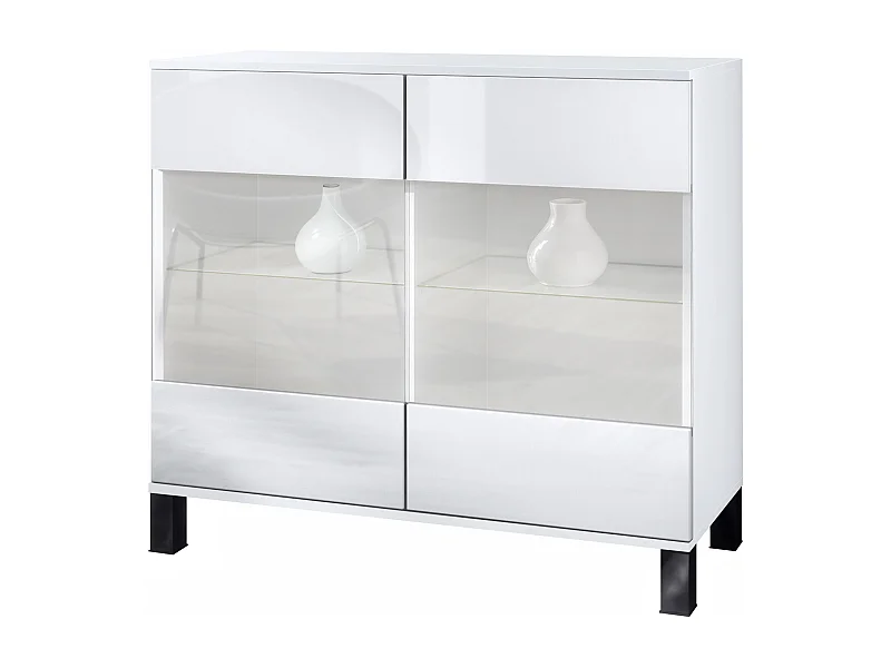 Commode Bari V3, Armoire de cuisine moderne avec 2 grandes portes vitrées blanc mat / blanc haute brillance (92,5 x 84.5 x 35)