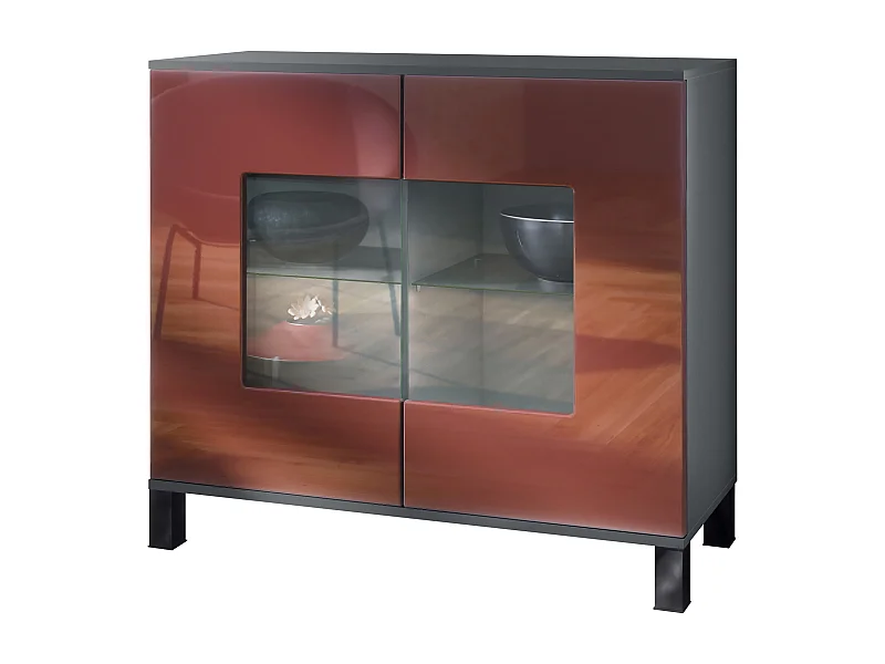 Cassettiera Grömitz V3, Mobile da cucina moderno con 2 grandi ante in vetro antracite opaco  / bordeaux lucido (92,5 x 84.5 x 35)